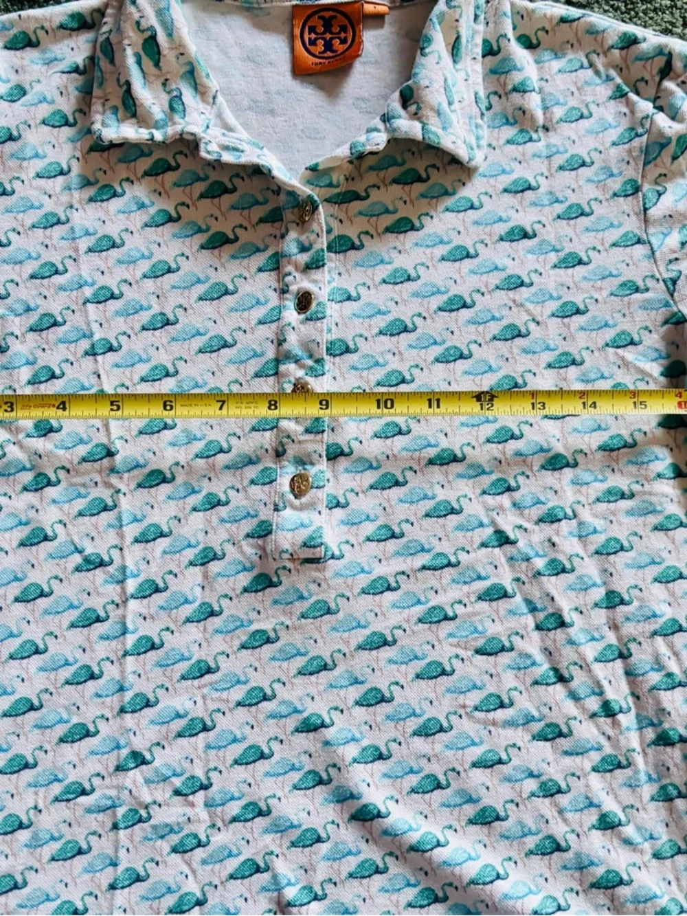Sz L Tory Burch Cropped Cream Golf Polo with Teal Flamingo Print - Picture 7 of 9